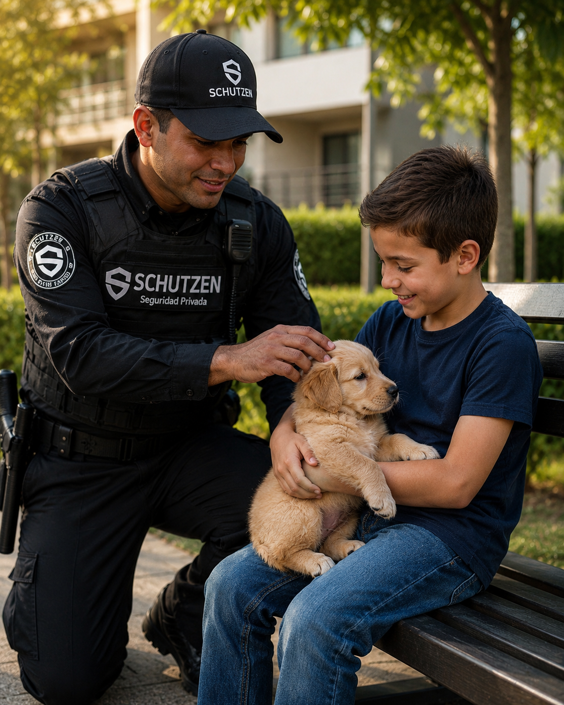 Elemento Schutzen junto a un niño que sostiene un cachorro en un entorno residencial.