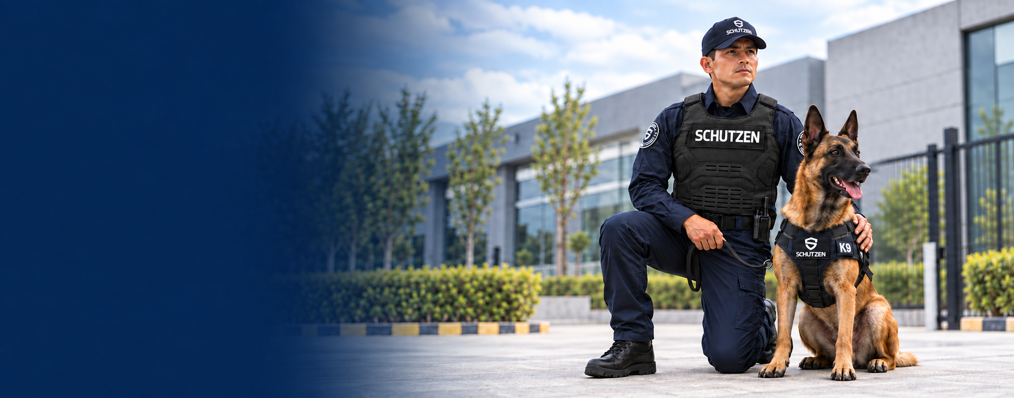 Guardia de seguridad SCHUTZEN con unidad canina K9 frente a instalaciones corporativas